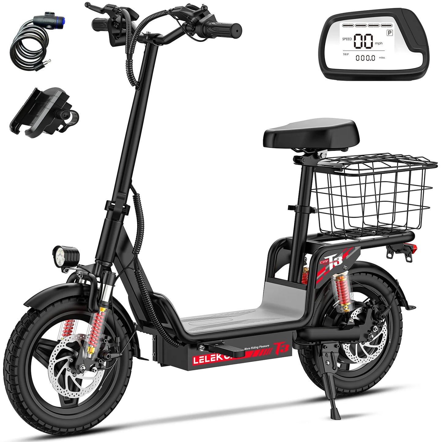 Adult Electric Bike, 500W48V15AH, 30MPH 14 inch Electric Bike, 500lbs Load-bearing with Multiple Shock Absorbers, with Basket