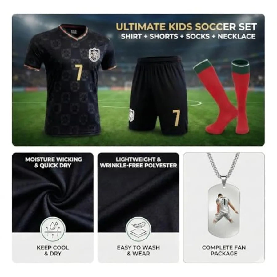 Soccer Jersey Set Uniform Kit with Shirt Shorts Socks #7 Necklace for Boys GirlsSchool Sports Training Match