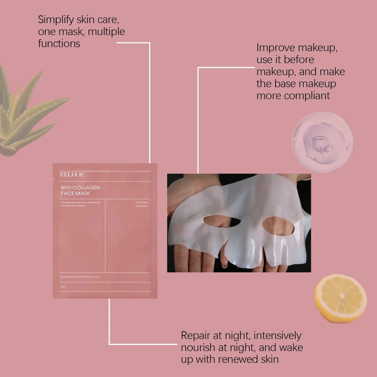 EELHOE Bio-Collagen Face Mask Shrink Pores Firming Hydrating Anti Wrinkle Whitening Brightening Easy Peel All Skin Facial Care