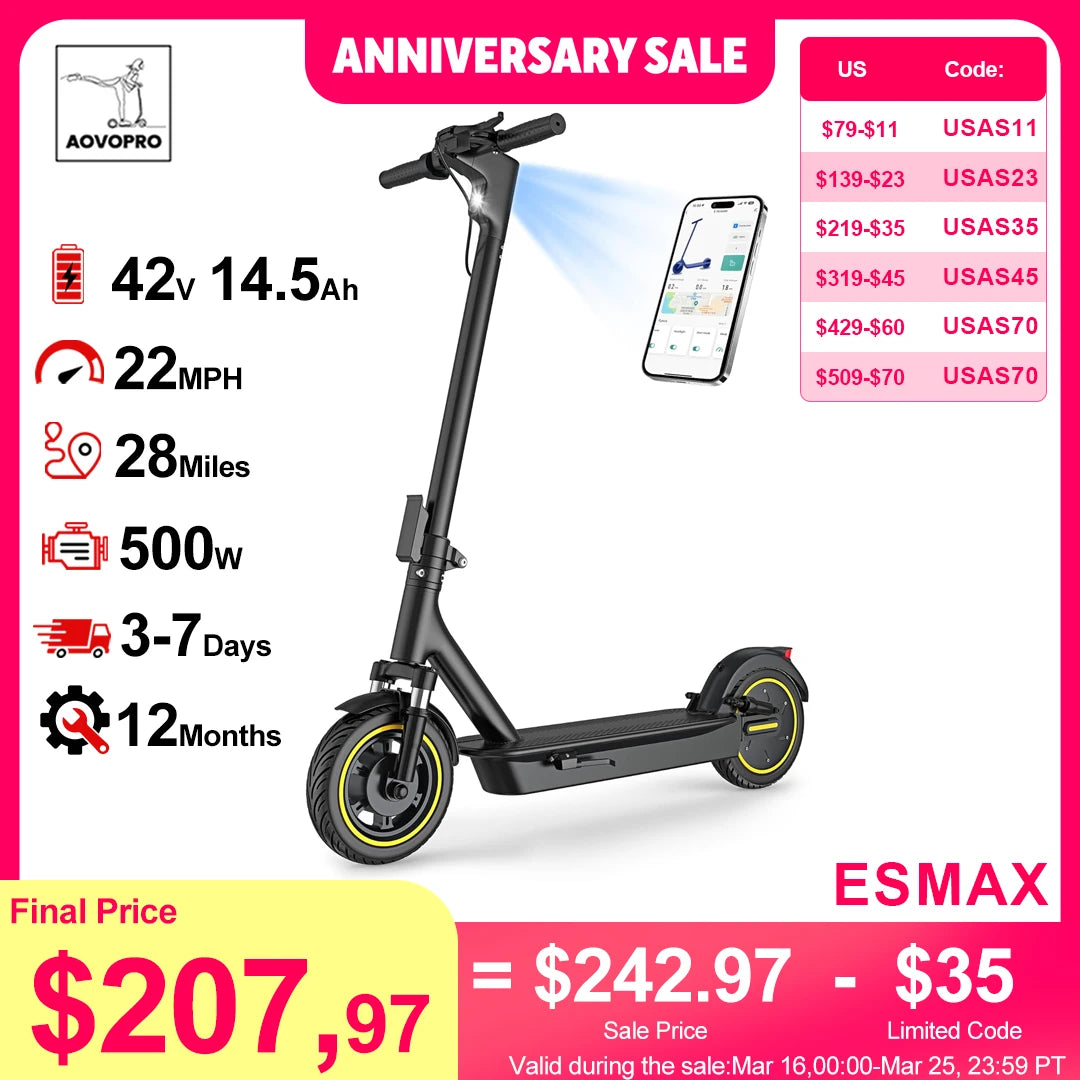 AOVOPRO New ESMAX Electric Scooter 500W 22MPH Adult APP Smart Scooter 28 miles Range Shock-absorbing Anti-skid Folding E-Scooter