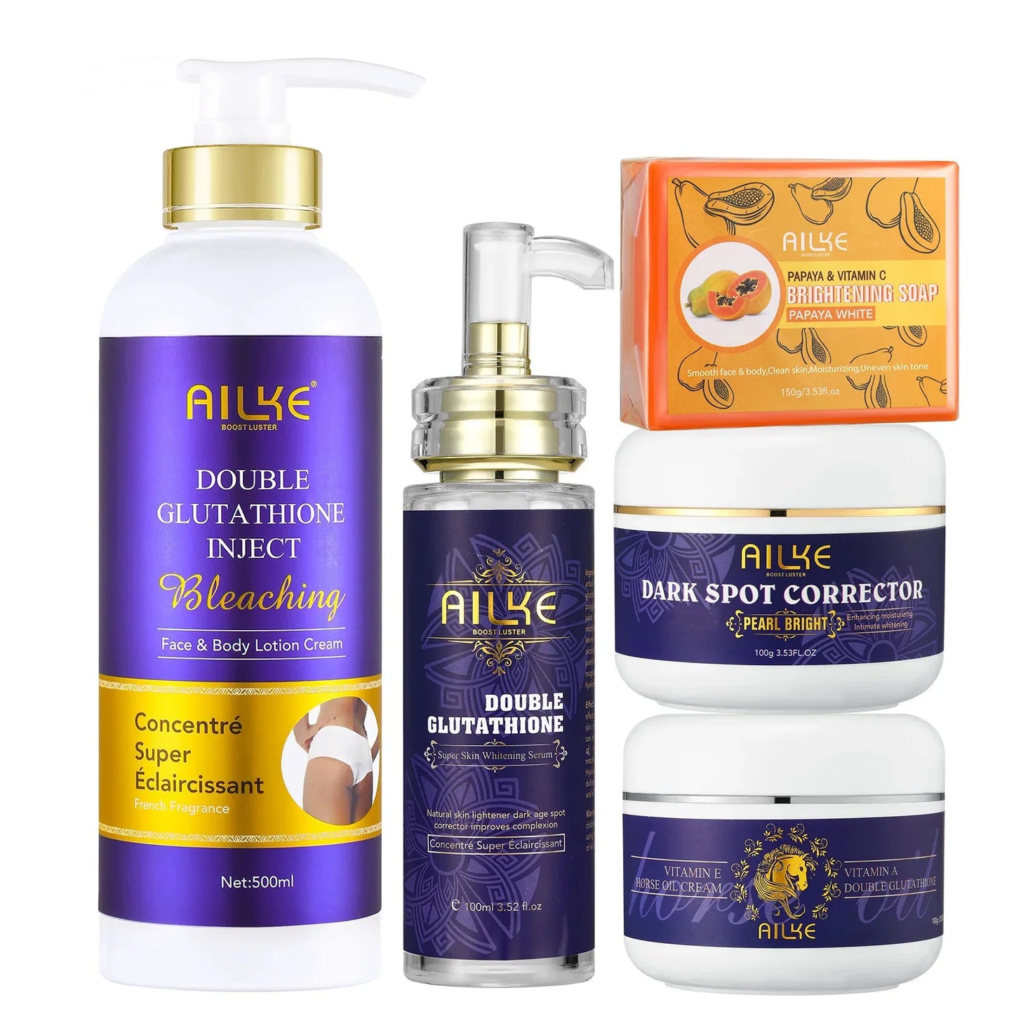AILKE Glutathione 5-in-1 Women Skin Care Kit, With Body Lotion, Serum, Dark Spot Removal Cream, Body Cream, Brightening Soap
