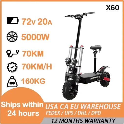 6000W Adults Electric Scooter 11Inch Off Tires 72V 20AH Foldable Escooter with Shock Absorbtion with Seat US Free Shipping