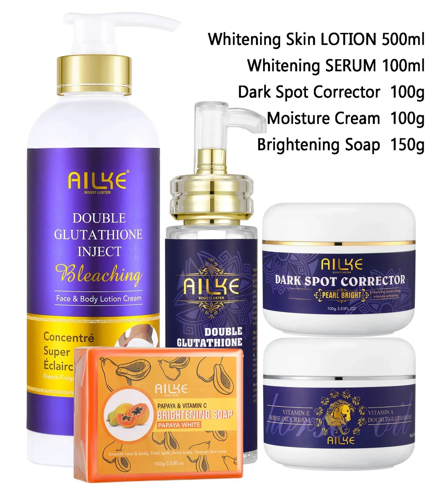 AILKE Glutathione 5-in-1 Women Skin Care Kit, With Body Lotion, Serum, Dark Spot Removal Cream, Body Cream, Brightening Soap