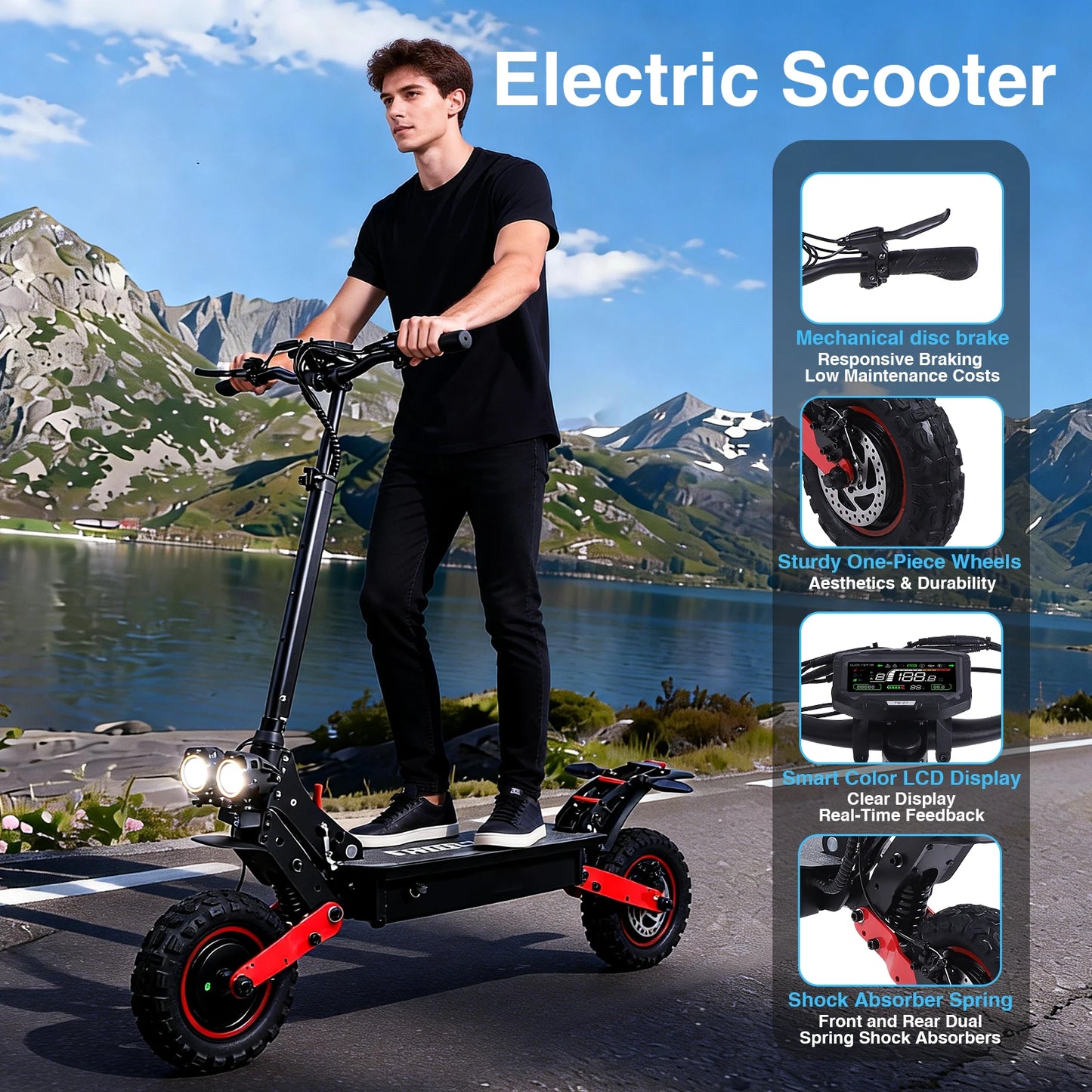 FREEBOY H6/H9 Adult Electric Scooter 1200W*2 Motor, 48V 21AH Folding E-Scooter 11 Fat Tire E-Mountain Scooter