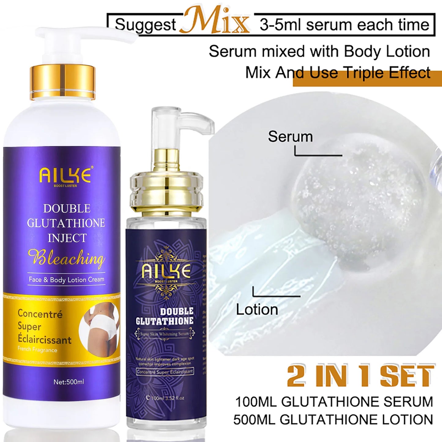 AILKE Whitening Skin Care Set, Lightening, With Double Glutathione, Reduce Black, Dark and White Spots, For All Skin Types