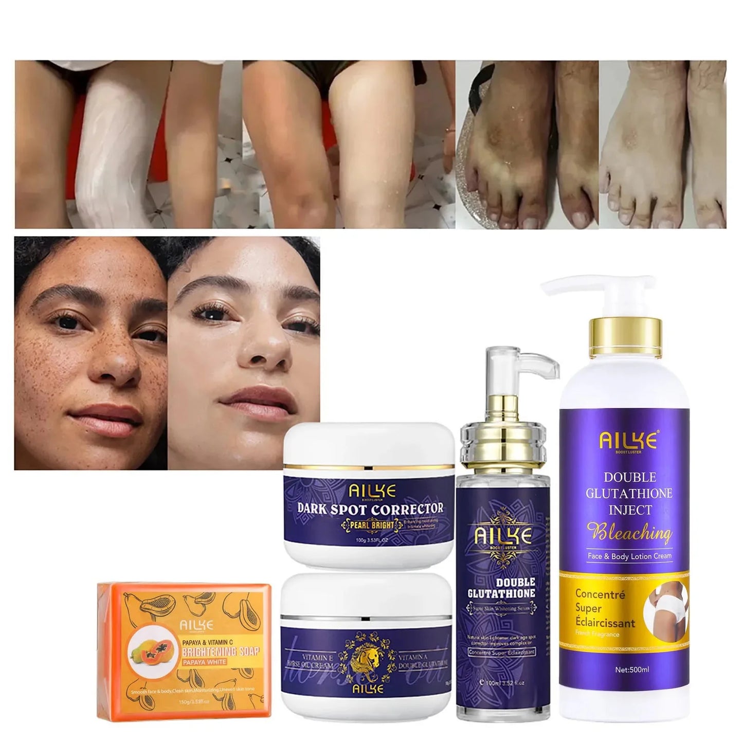 AILKE Bleaching Skin Care, With Double Glutathione, Lightening, Moisturizing, Remove Dark Spots, Melanin, For Men and Women