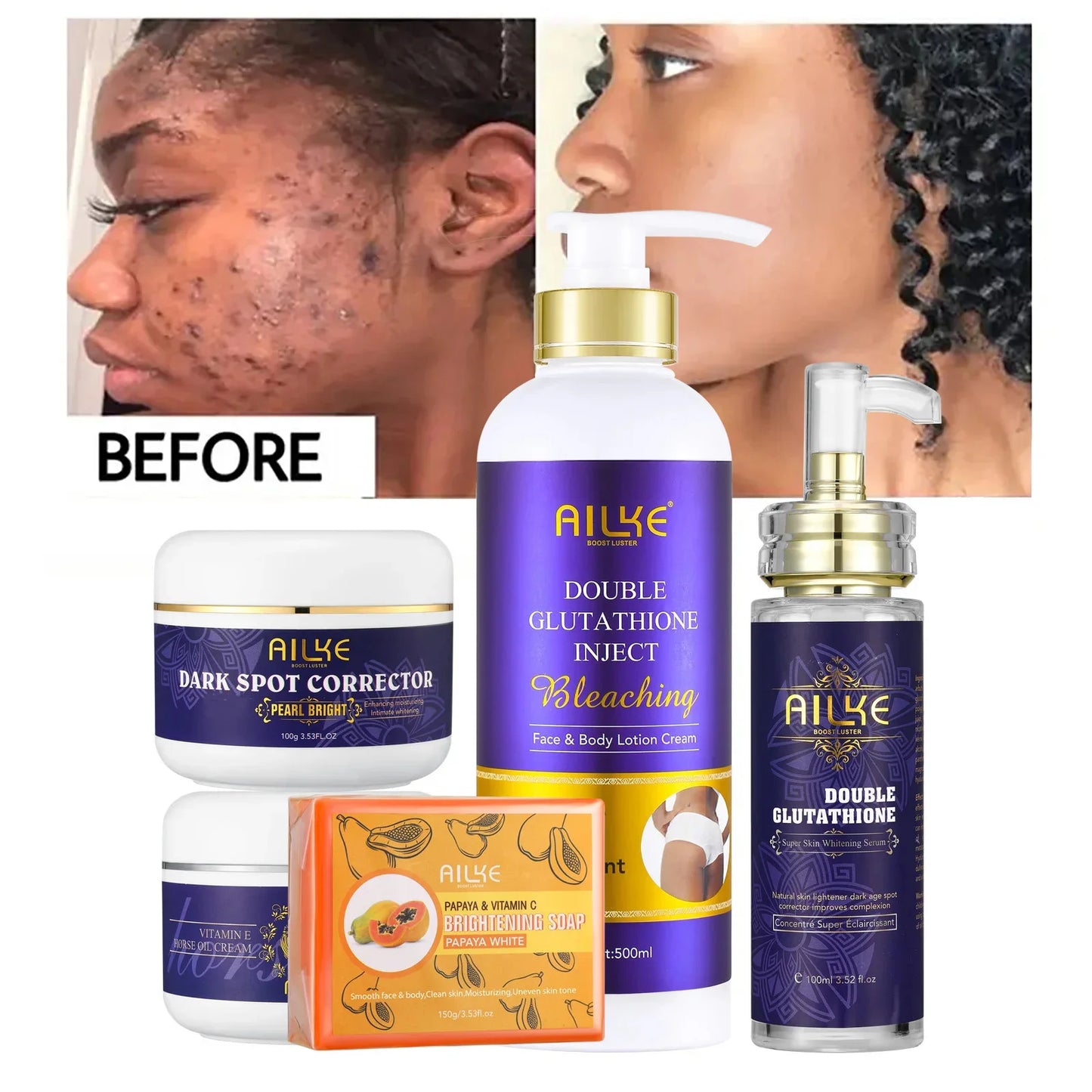 AILKE Whitening Skin Care Set, Lightening, With Double Glutathione, Reduce Black, Dark and White Spots, For All Skin Types