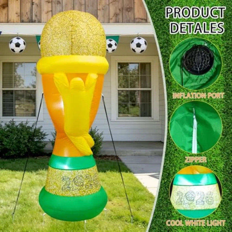 7FT Soccer World Football Champion Cup Inflatable 2026 Outdoor Decorations Football Award Blow Ups with Built-in LEDs for Yard