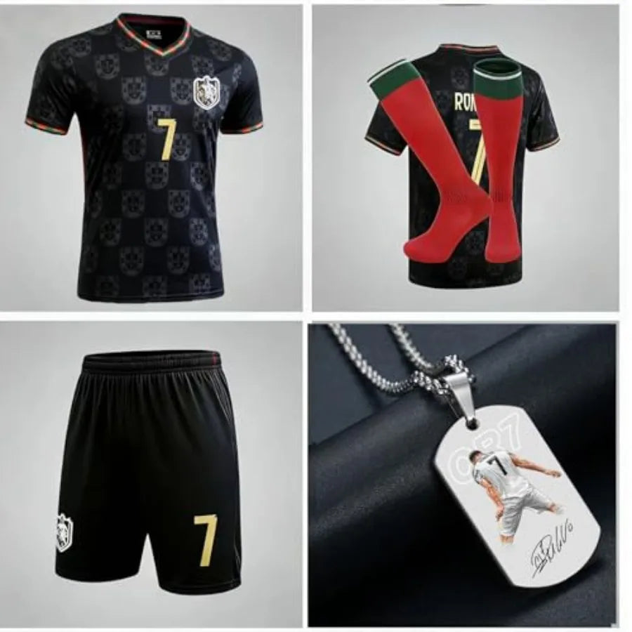 Soccer Jersey Set Uniform Kit with Shirt Shorts Socks #7 Necklace for Boys GirlsSchool Sports Training Match