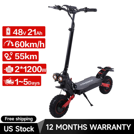 FREEBOY H6/H9 Adult Electric Scooter 1200W*2 Motor, 48V 21AH Folding E-Scooter 11 Fat Tire E-Mountain Scooter