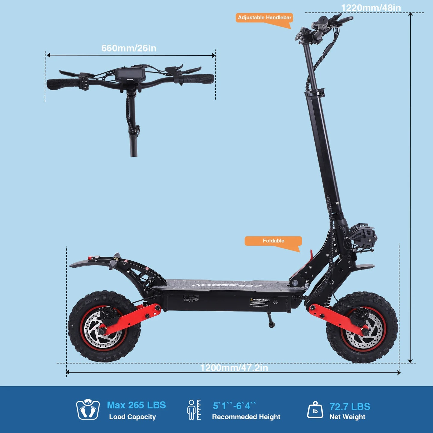 FREEBOY H6/H9 Adult Electric Scooter 1200W*2 Motor, 48V 21AH Folding E-Scooter 11 Fat Tire E-Mountain Scooter