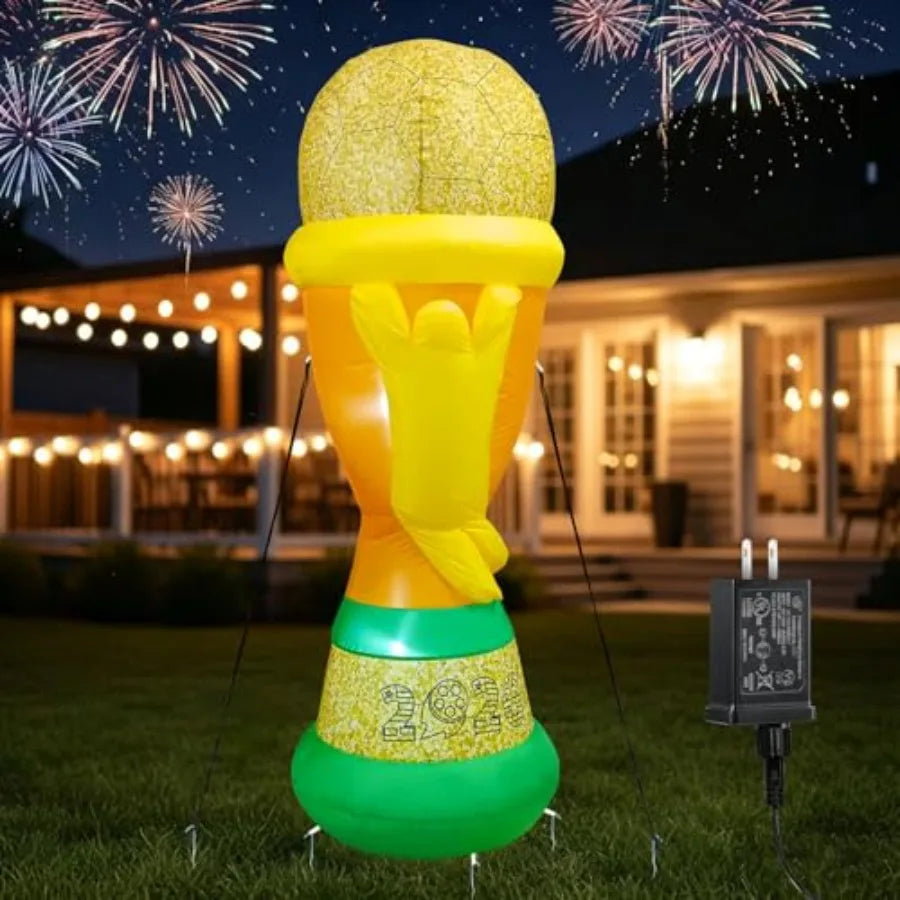 7FT Soccer World Football Champion Cup Inflatable 2026 Outdoor Decorations Football Award Blow Ups with Built-in LEDs for Yard
