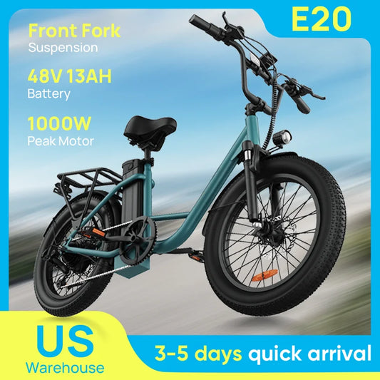 URLIFE 1000W E20 Electric Bike | 48V 13Ah Removable Battery, 28MPH, 20''X3" Fat Tire, 7-Speed E-Bike with Dual Disc Brake