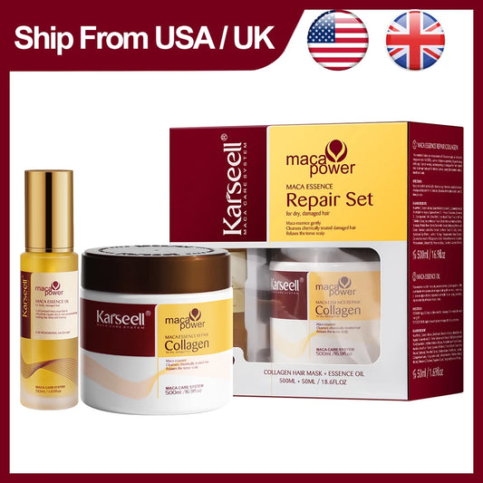 Karseell 2pcs Set Collagen Hair Mask 500ml 16.9 fl.oz + Argan Oil Hair Serum 50ml 1.69 fl.oz for Dry Damaged Hair All Hair Types