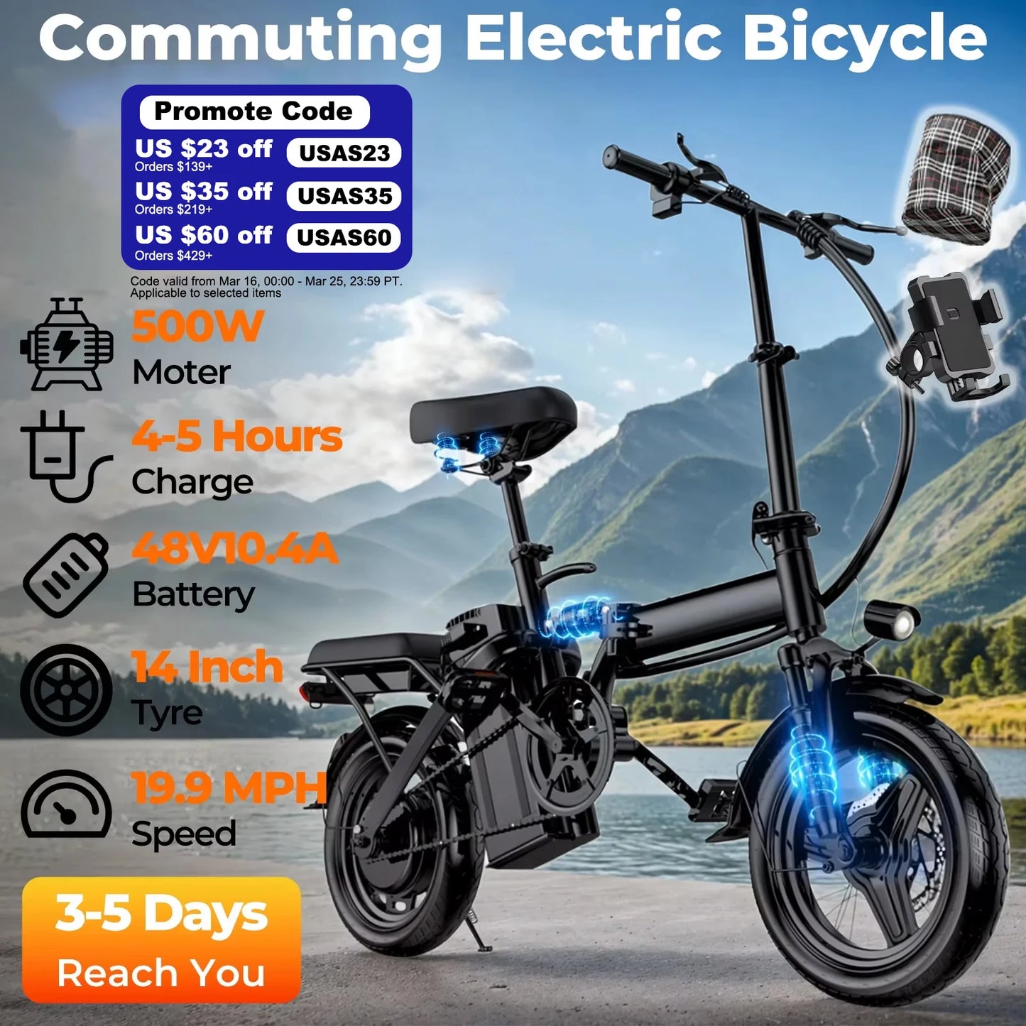 LELEKUAI 500W Adult Electric Bike, 20 MPH, 48V 10.4Ah Removable Battery, 14 Inch Folding Electric Bike, Multi-Shock Absorption