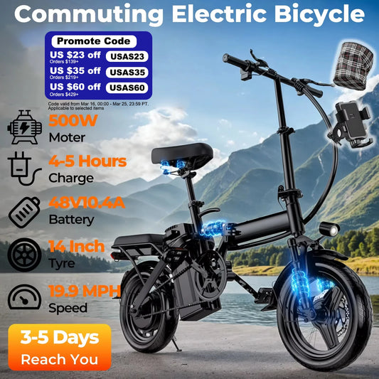 LELEKUAI 500W Adult Electric Bike, 20 MPH, 48V 10.4Ah Removable Battery, 14 Inch Folding Electric Bike, Multi-Shock Absorption