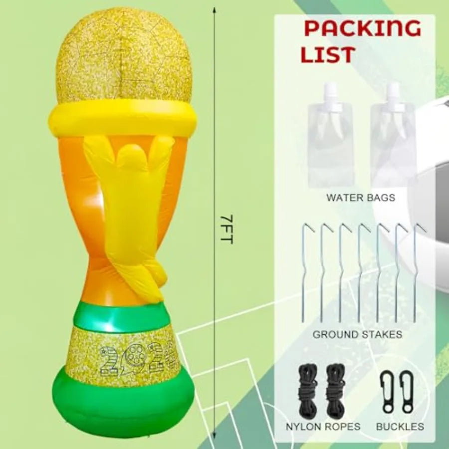 7FT Soccer World Football Champion Cup Inflatable 2026 Outdoor Decorations Football Award Blow Ups with Built-in LEDs for Yard