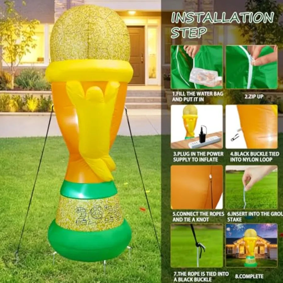 7FT Soccer World Football Champion Cup Inflatable 2026 Outdoor Decorations Football Award Blow Ups with Built-in LEDs for Yard