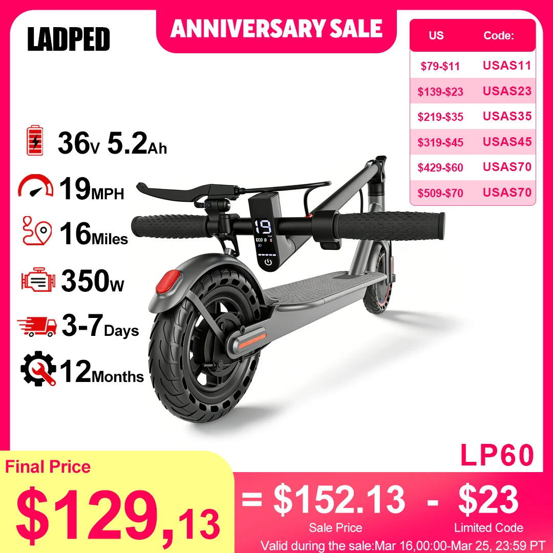 2026 LADPED LP60 Electric Scooter 350W Max 19mph Speed 8.5inch Tire Folding Design with 16 Miles Range for Adult Urban Commuting