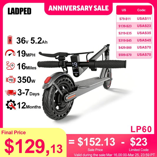 2026 LADPED LP60 Electric Scooter 350W Max 19mph Speed 8.5inch Tire Folding Design with 16 Miles Range for Adult Urban Commuting