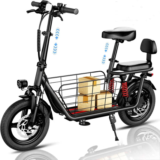 Adult Electric Bike, 500W48V15AH, 30MPH 14 inch Electric Bike, 500lbs Load-bearing with Multiple Shock Absorbers, with Basket