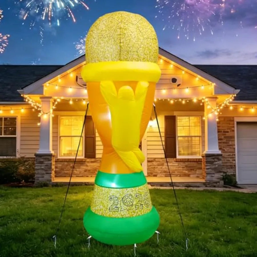 7FT Soccer World Football Champion Cup Inflatable 2026 Outdoor Decorations Football Award Blow Ups with Built-in LEDs for Yard